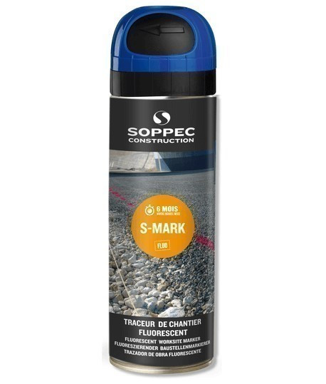 S-Mark Bleu fluorescent SOPPEC, traceur et bombe peinture de chantier fluorecente SOPPEC SMark S Mark norme NF P 98-332 Eau pota