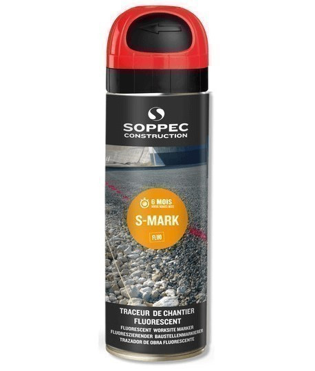 S-Mark Rouge fluorescent SOPPEC, traceur et bombe peinture de chantier fluorecente SOPPEC SMark S Mark norme NF P 98-332 Gaz