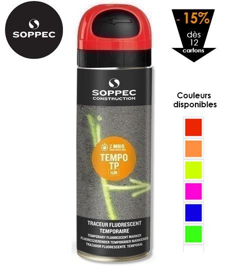 Tempo TP Rouge fluorescent SOPPEC , Traceur et bombe peinture de chantier fluorescente temporaire SOPPEC TempoTP Electricité