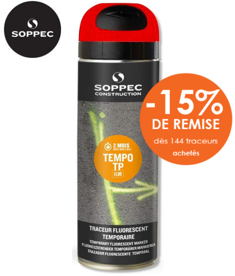 Tempo TP 7 coloris SOPPEC , Traceur et bombe peinture de chantier fluorescente temporaire SOPPEC TempoTP Electricité