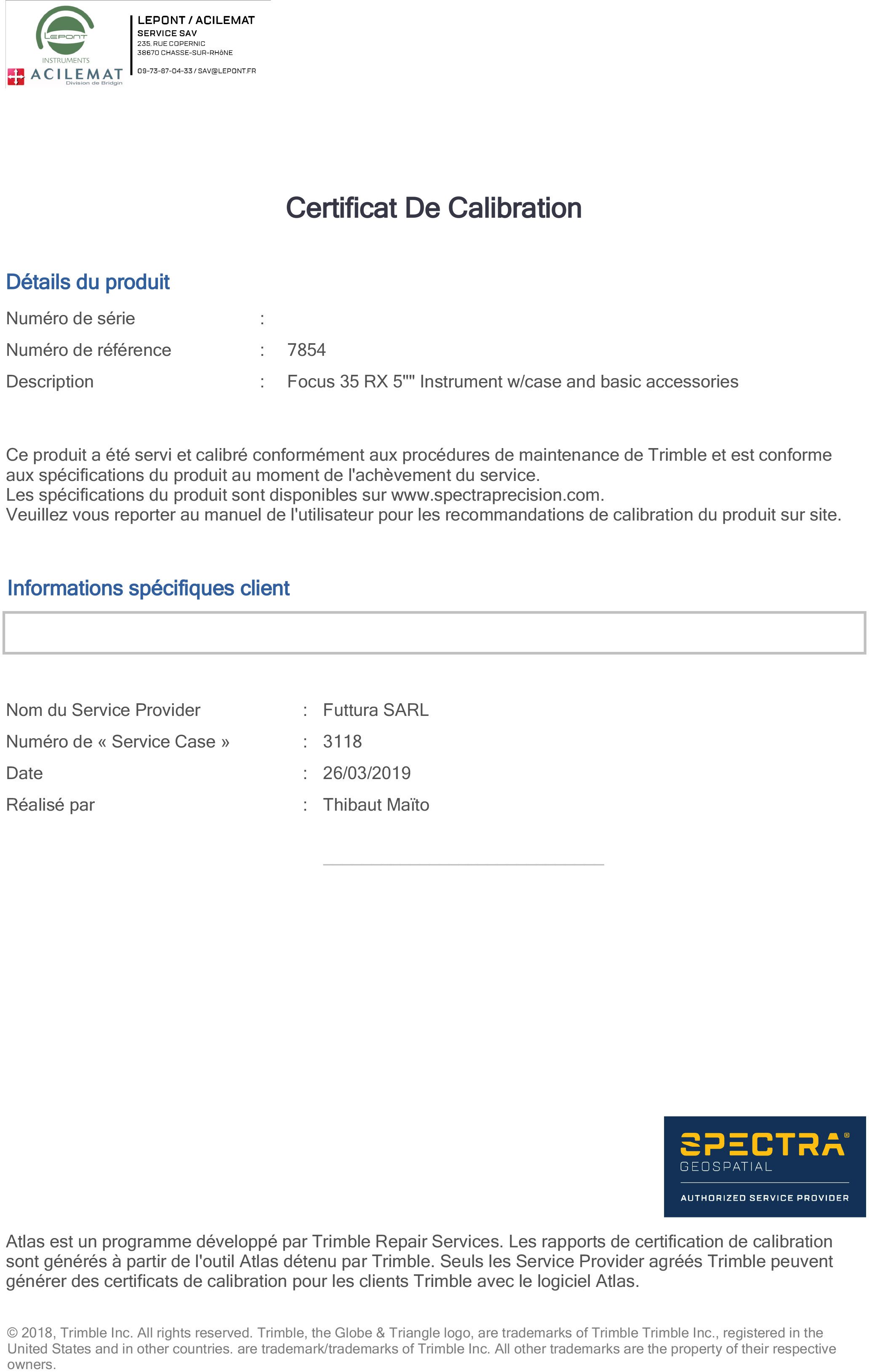 Certificat de calibration Trimble Lepont